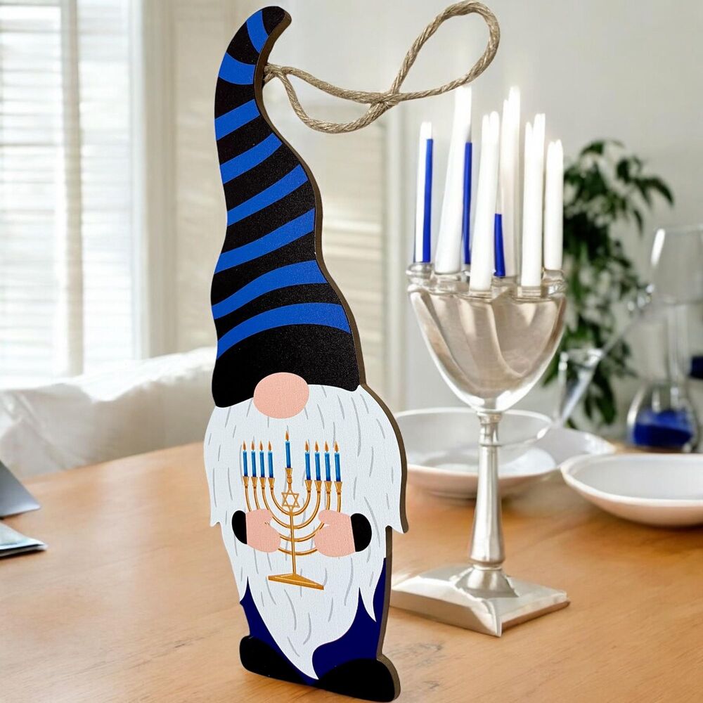 Happy Hanukkah Gnome Wooden Hanging Sign Menorah Wall Decor Holiday Home Accent